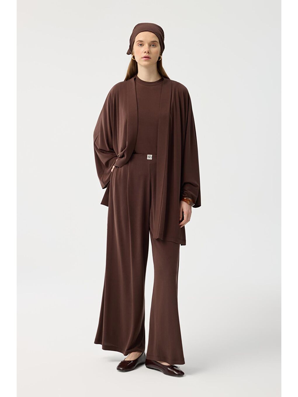 Modal Cupra Geniş Pileli Pantolon Midi Abaya Takım Kahverengi-1