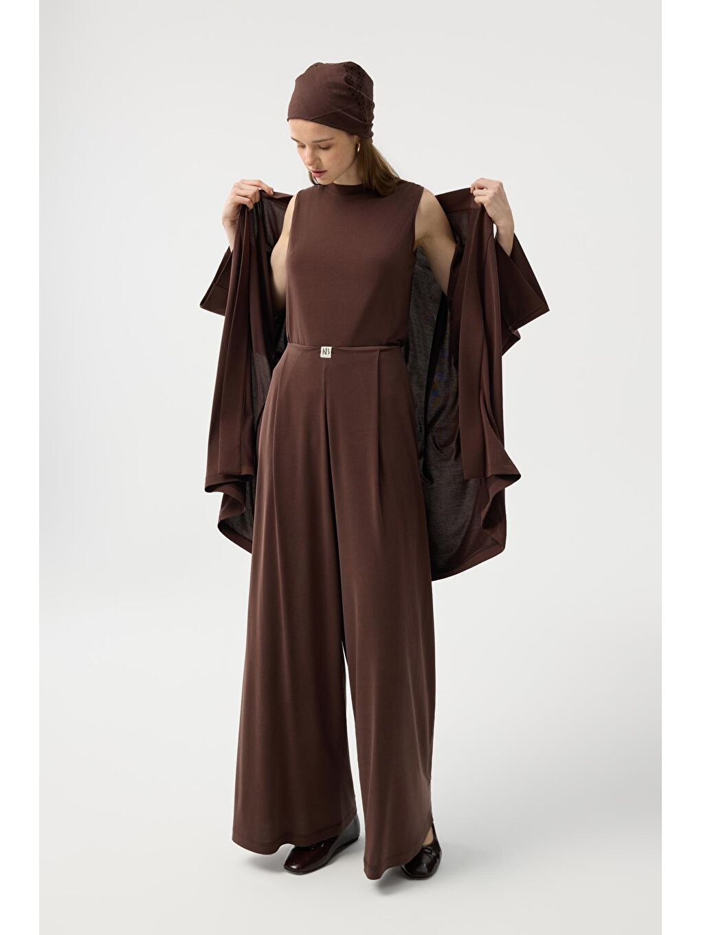 Modal Cupra Geniş Pileli Pantolon Midi Abaya Takım Kahverengi-2