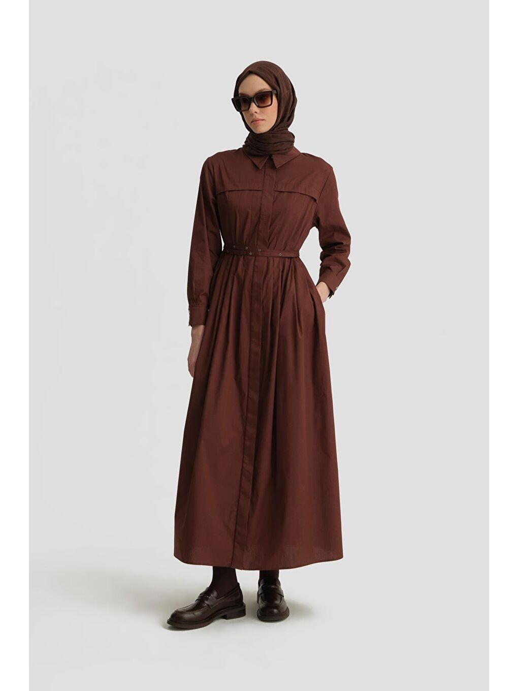 Kahverengi Çapraz Kemerli Pamuk Elbise 24K9903 Kızıl Kahve