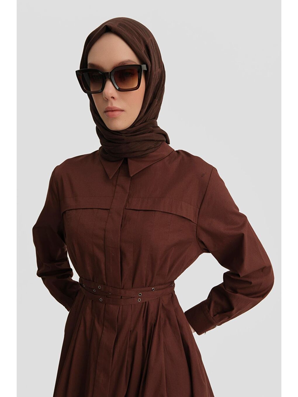 Kahverengi Çapraz Kemerli Pamuk Elbise 24K9903 Kızıl Kahve-1