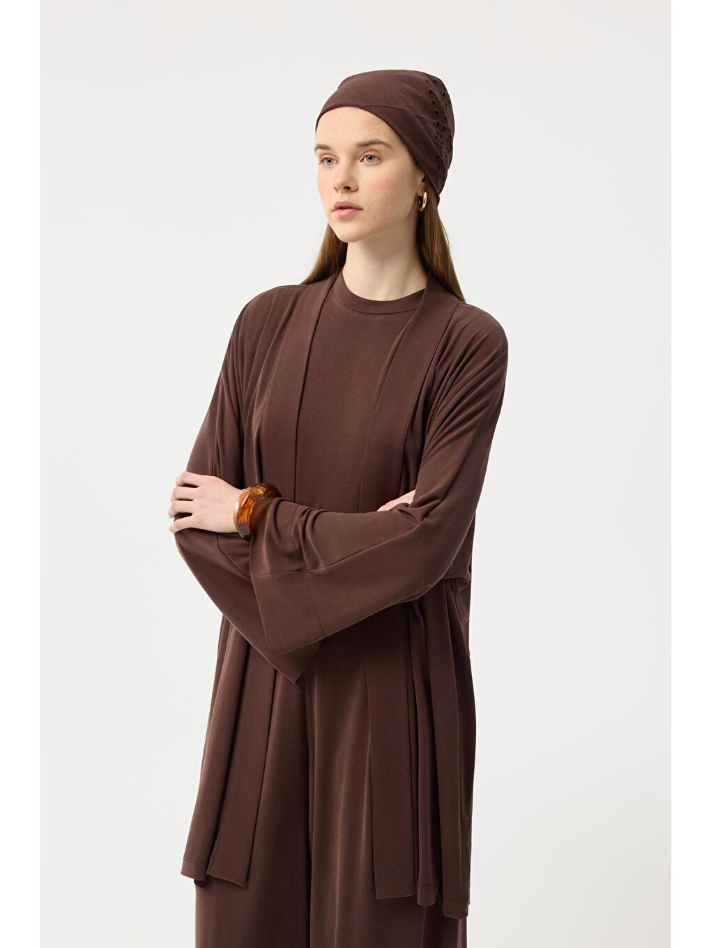 Modal Cupra Geniş Pileli Pantolon Midi Abaya Takım Kahverengi-3