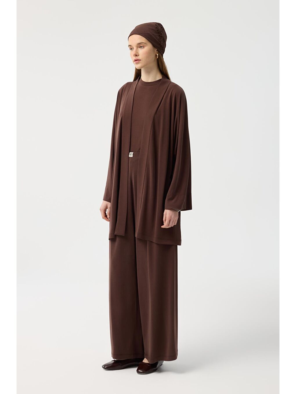 Modal Cupra Geniş Pileli Pantolon Midi Abaya Takım Kahverengi-4