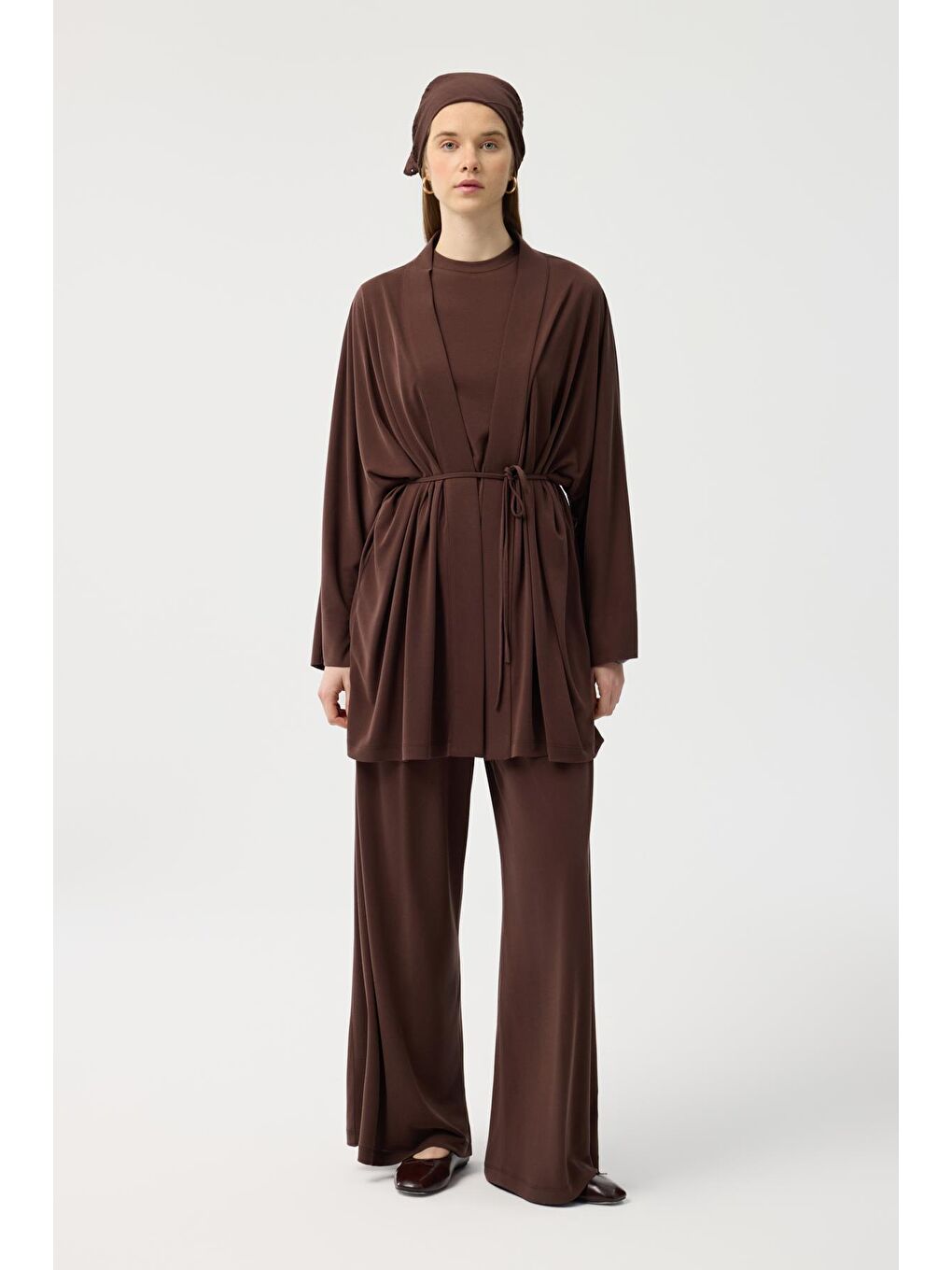 Modal Cupra Geniş Pileli Pantolon Midi Abaya Takım Kahverengi-5
