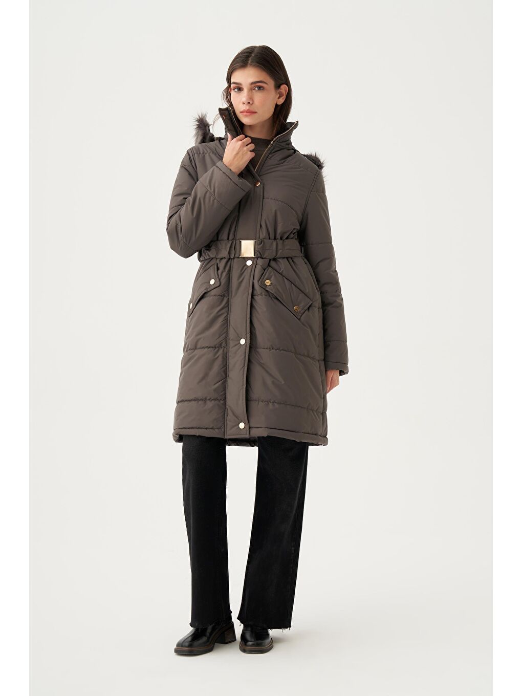 Gri-Kapşonu Kürklü Astarlı Çıtçıtlı Mont-1