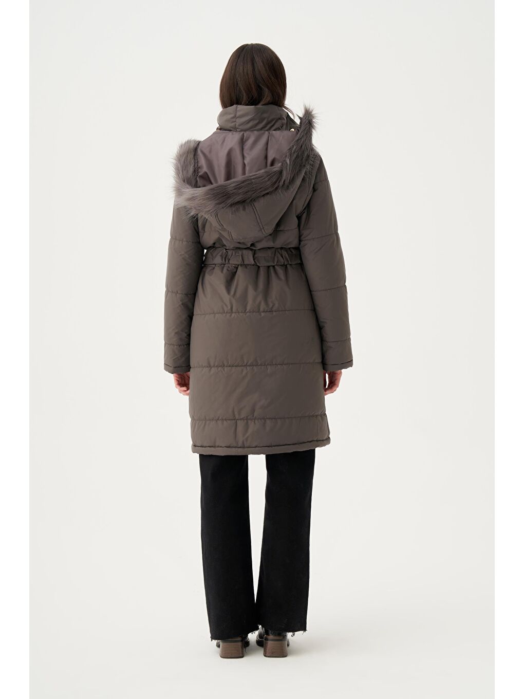 Gri-Kapşonu Kürklü Astarlı Çıtçıtlı Mont-3