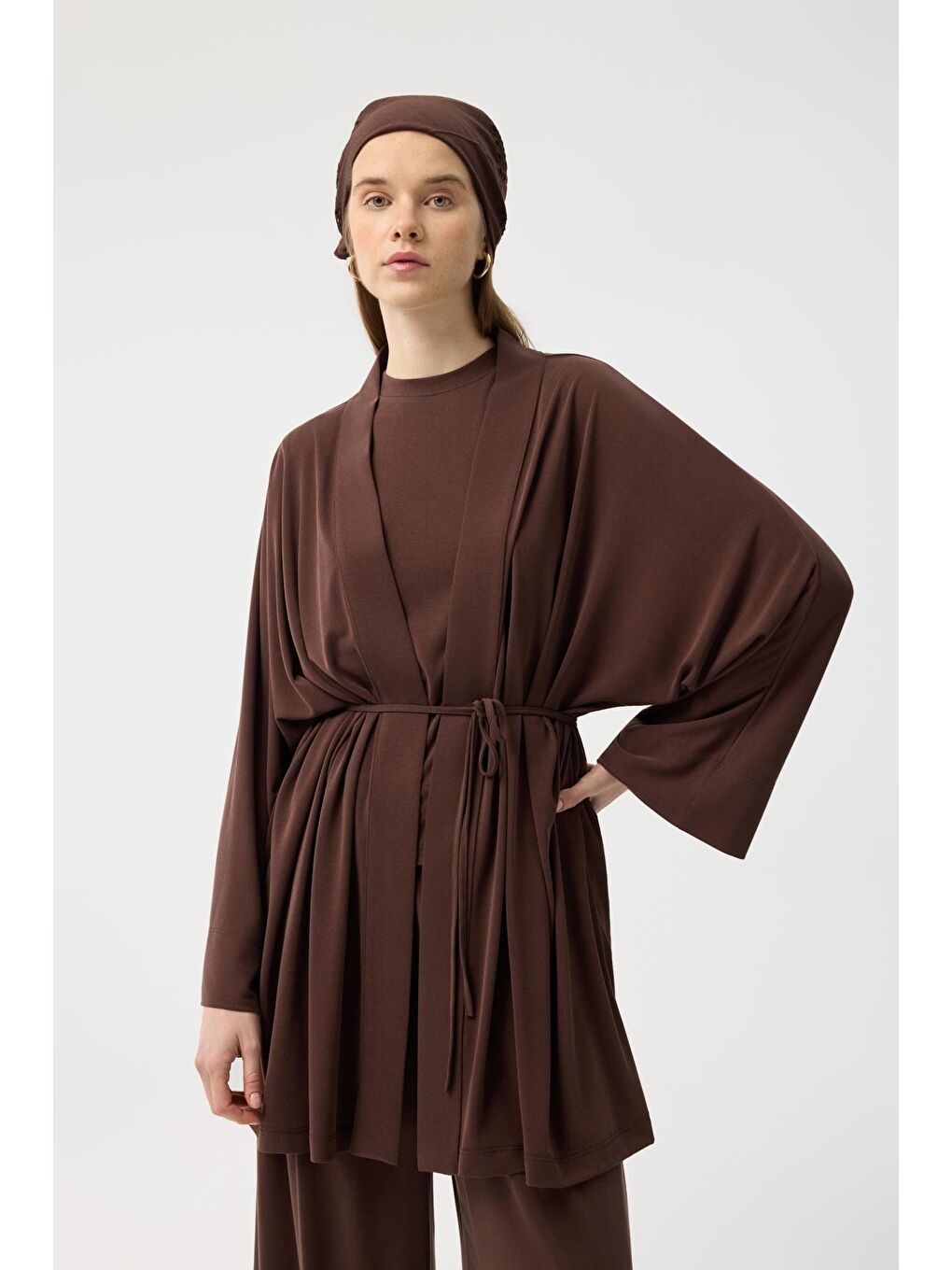 Modal Cupra Geniş Pileli Pantolon Midi Abaya Takım Kahverengi-6