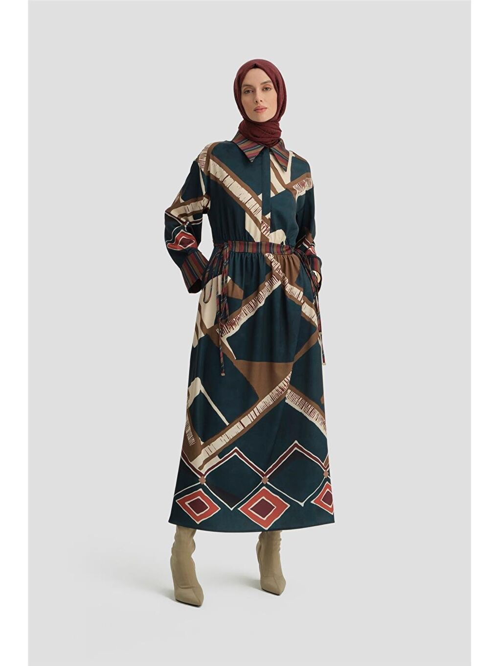 Karışık Geometrik Desenli Elbise 24K9911 Petrol