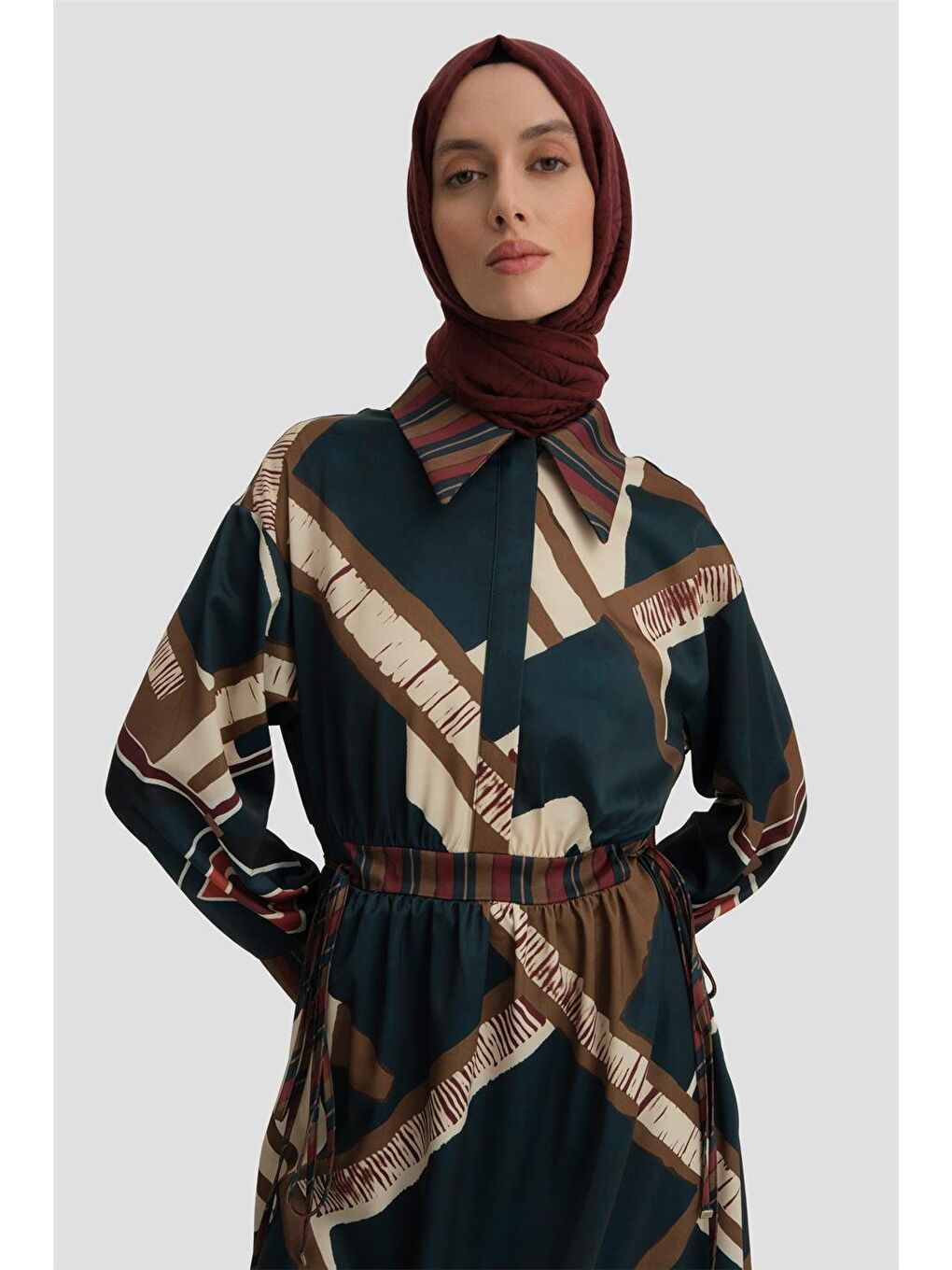 Karışık Geometrik Desenli Elbise 24K9911 Petrol-1