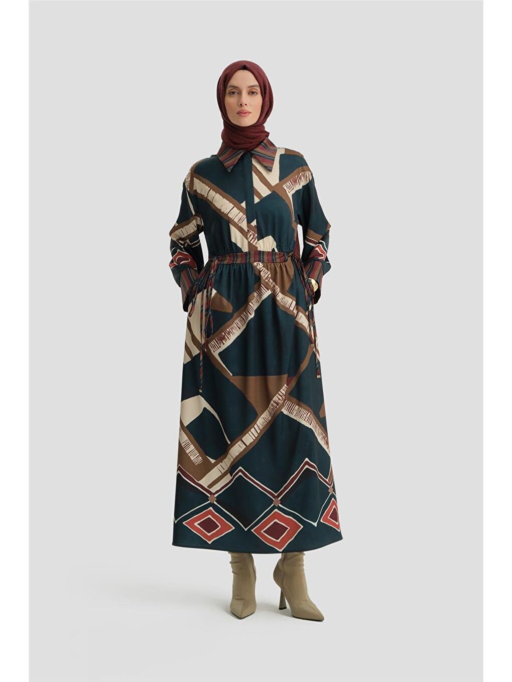 Karışık Geometrik Desenli Elbise 24K9911 Petrol-2