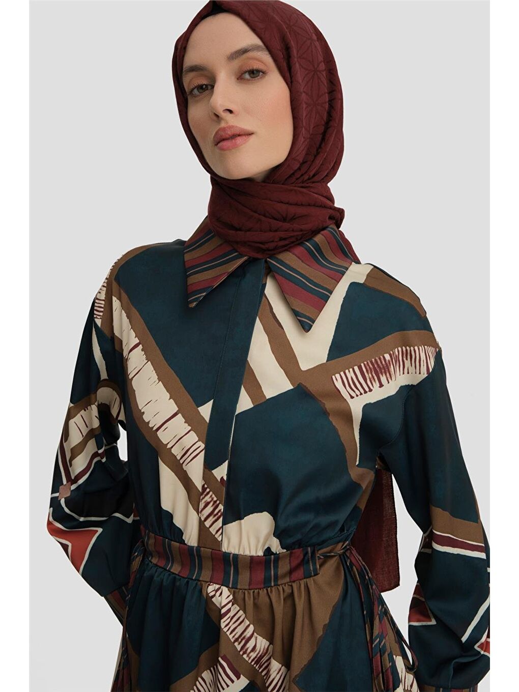 Karışık Geometrik Desenli Elbise 24K9911 Petrol-3