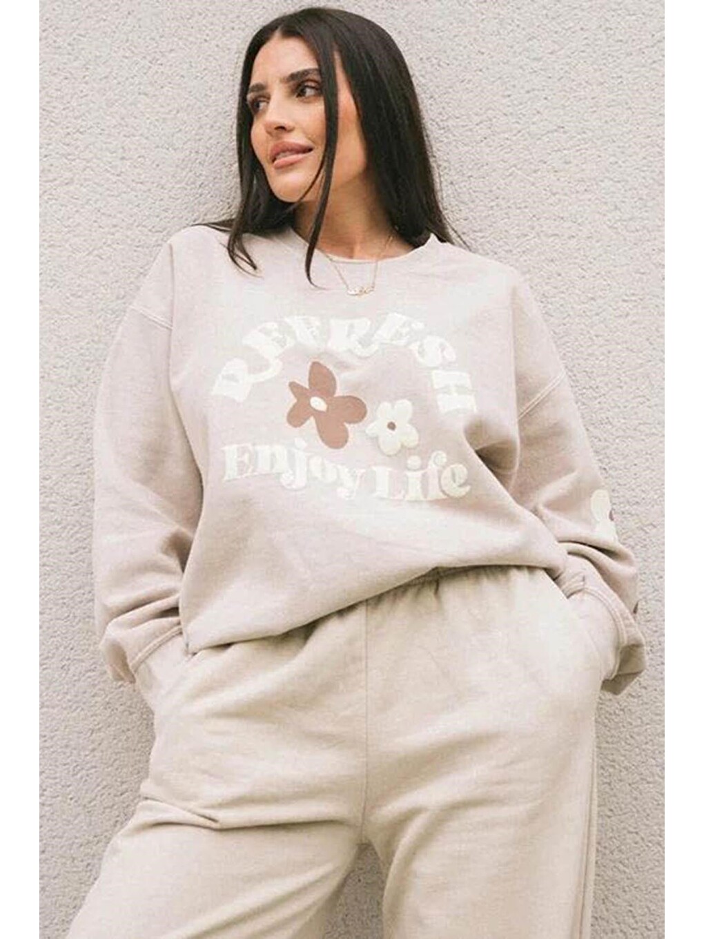 Bej Bisiklet Yaka Baskılı Sweatshirt Mg1572