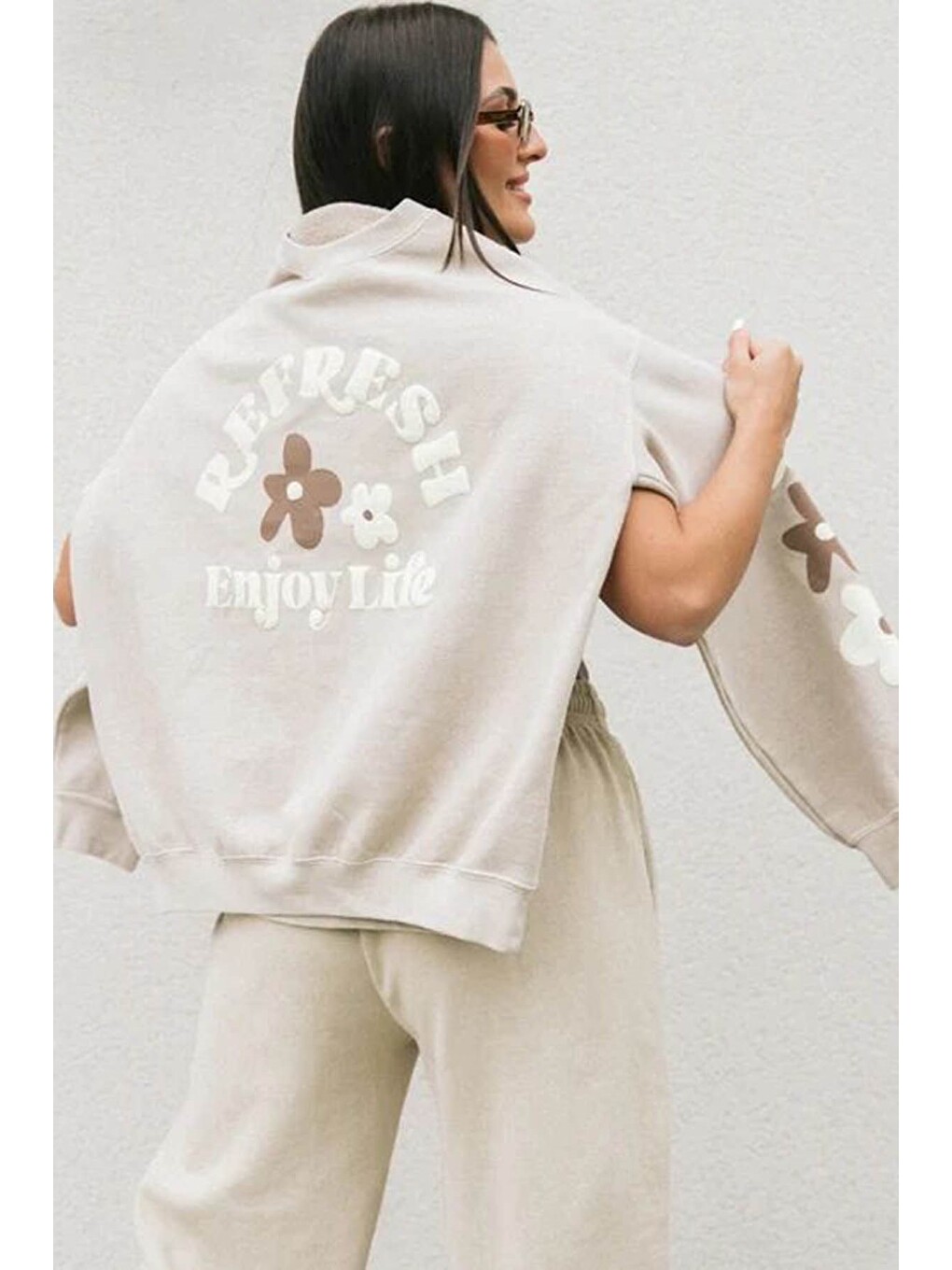 Bej Bisiklet Yaka Baskılı Sweatshirt Mg1572-1
