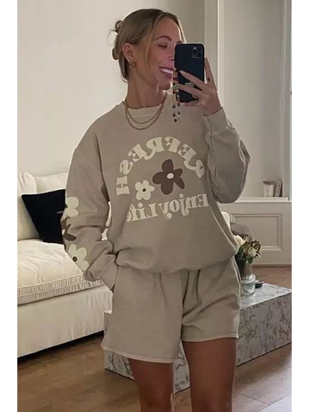 Bej Bisiklet Yaka Baskılı Sweatshirt Mg1572-2