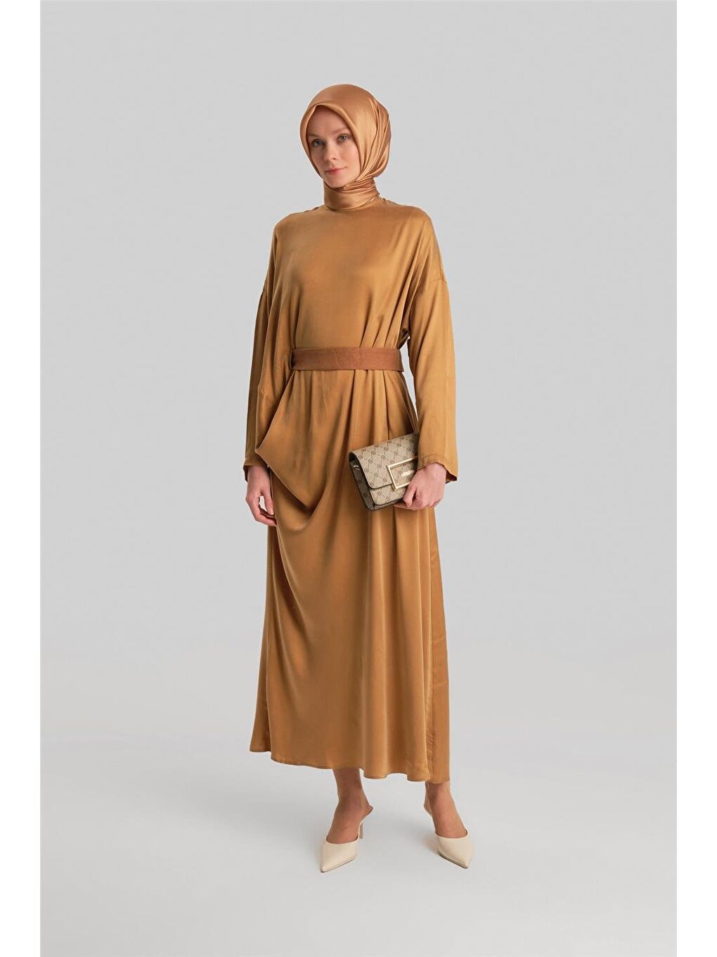 Sarı Drapeli Ve Kemerli Cupra Elbise 24Y9832 Gold-1