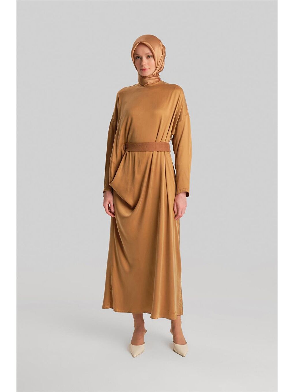 Sarı Drapeli Ve Kemerli Cupra Elbise 24Y9832 Gold-2