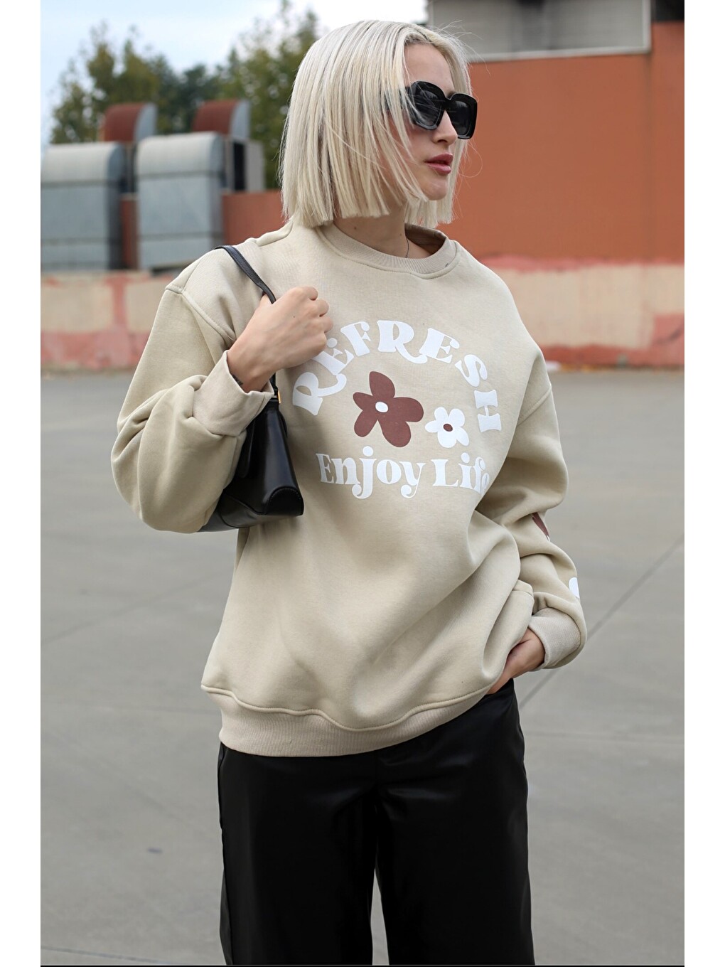 Bej Bisiklet Yaka Baskılı Sweatshirt Mg1572-3