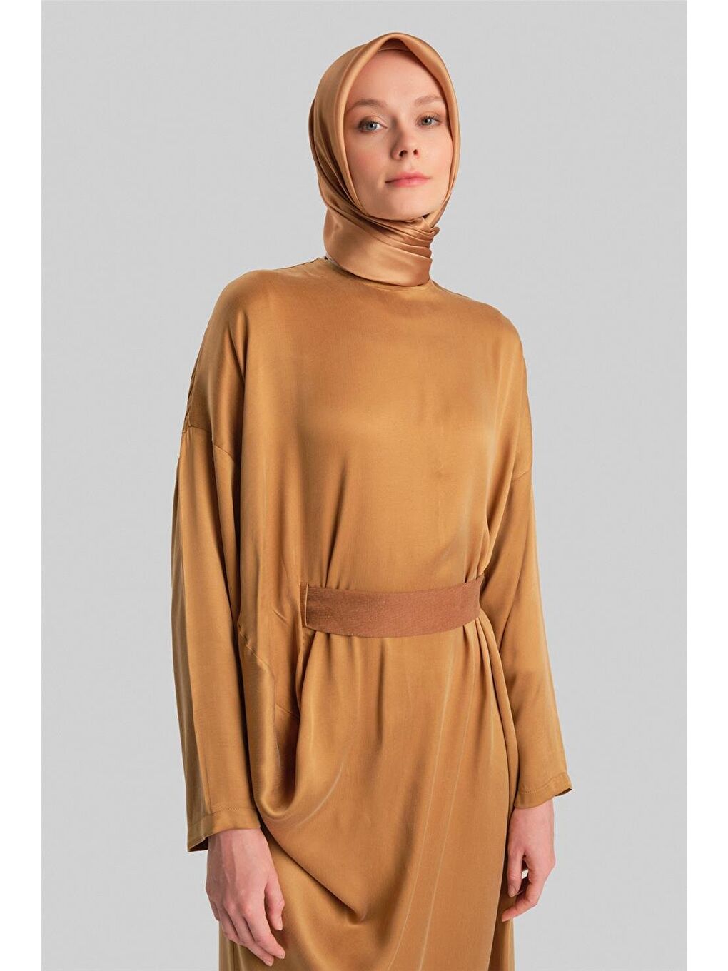 Sarı Drapeli Ve Kemerli Cupra Elbise 24Y9832 Gold-3