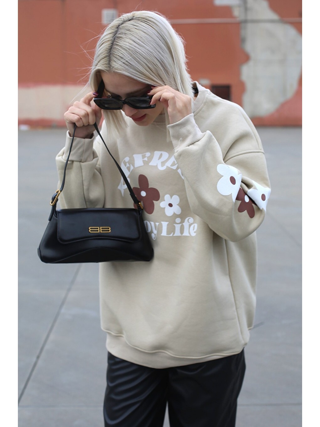Bej Bisiklet Yaka Baskılı Sweatshirt Mg1572-4