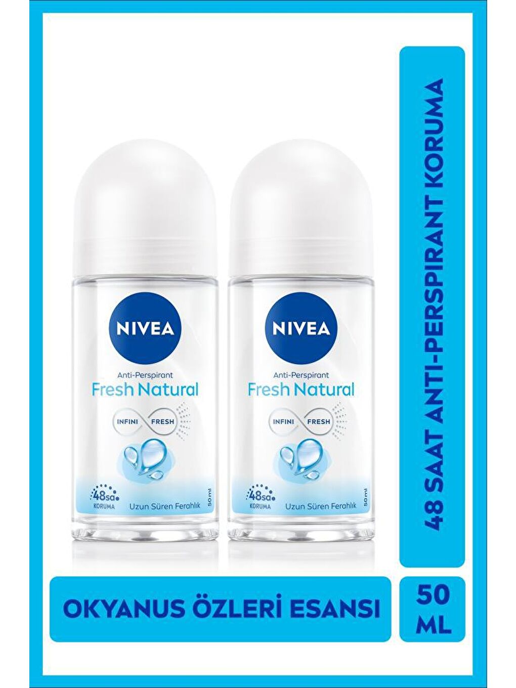 NIVEA Şeffaf Fresh Natural Kadın Roll On Deodorant5 50 ml x2 Adet, 48 Saat Anti-Perspirant Koruması