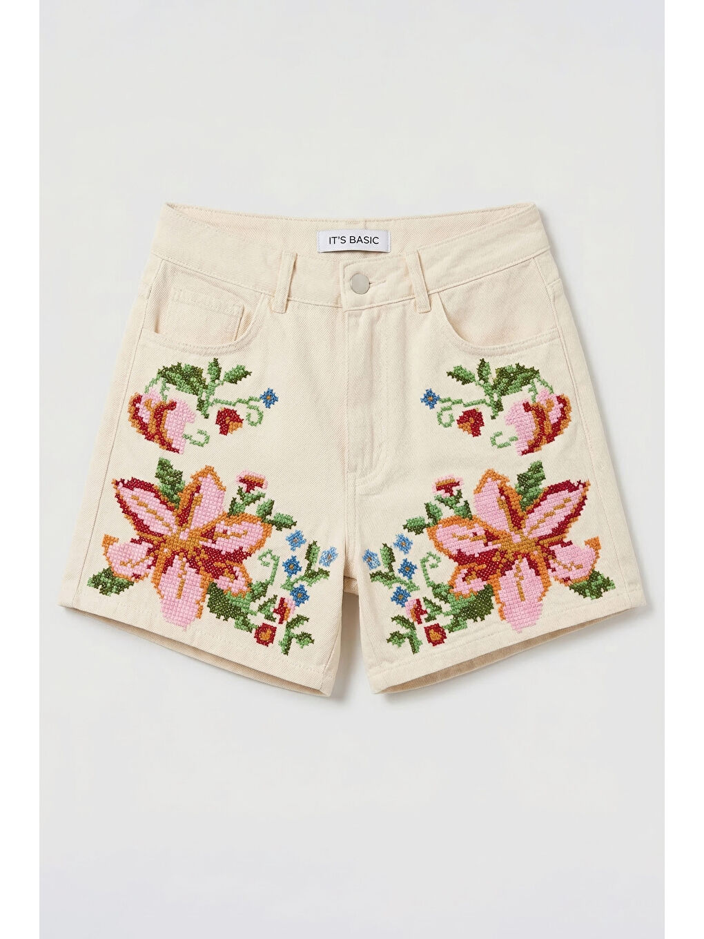Kadın Ekru 7s6-69 Mom Fit Yüksek Bel Çiçek Nakışlı Özel Tasarım Denim Şort
