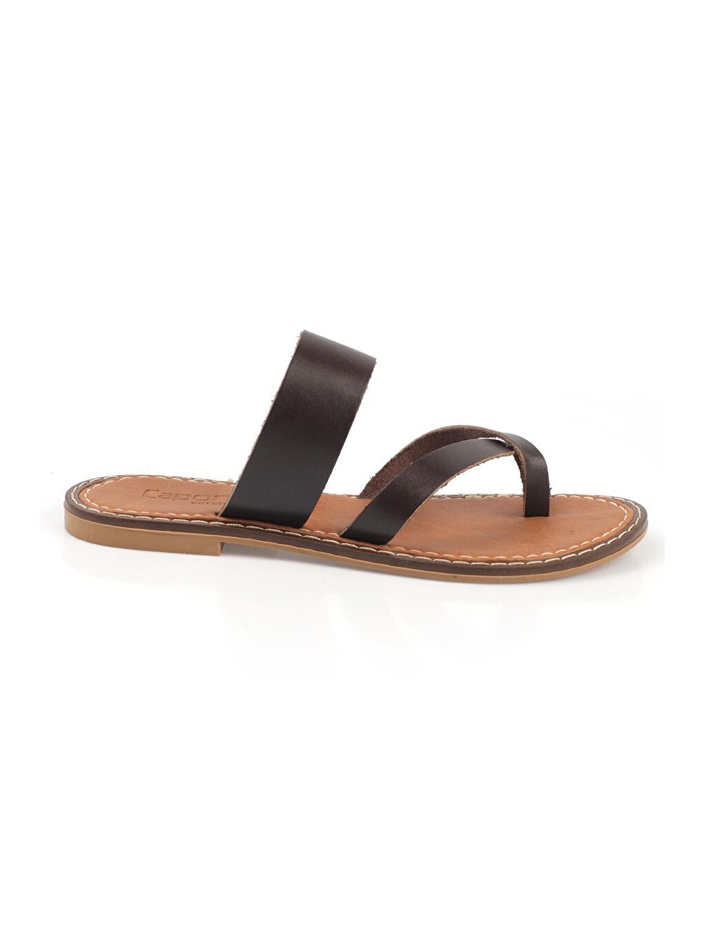 Kahverengi Tek Bant Parmak Arası Deri  Kadın Terlik-1