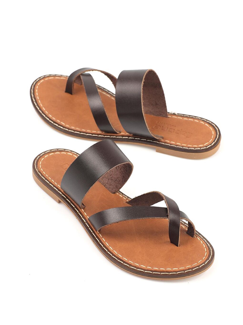 Kahverengi Tek Bant Parmak Arası Deri  Kadın Terlik-2