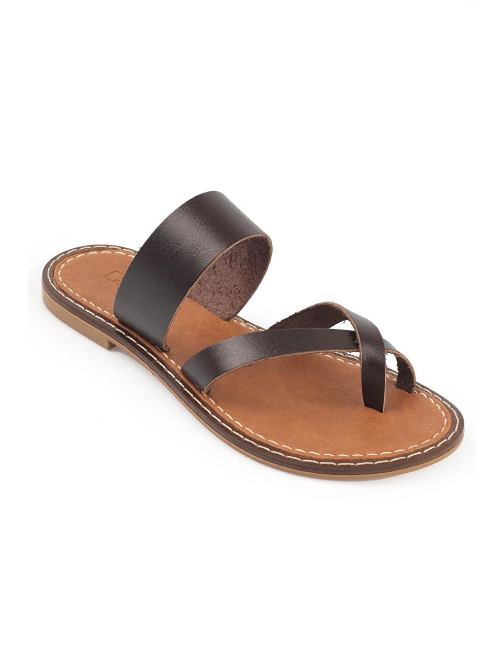 Kahverengi Tek Bant Parmak Arası Deri  Kadın Terlik-3