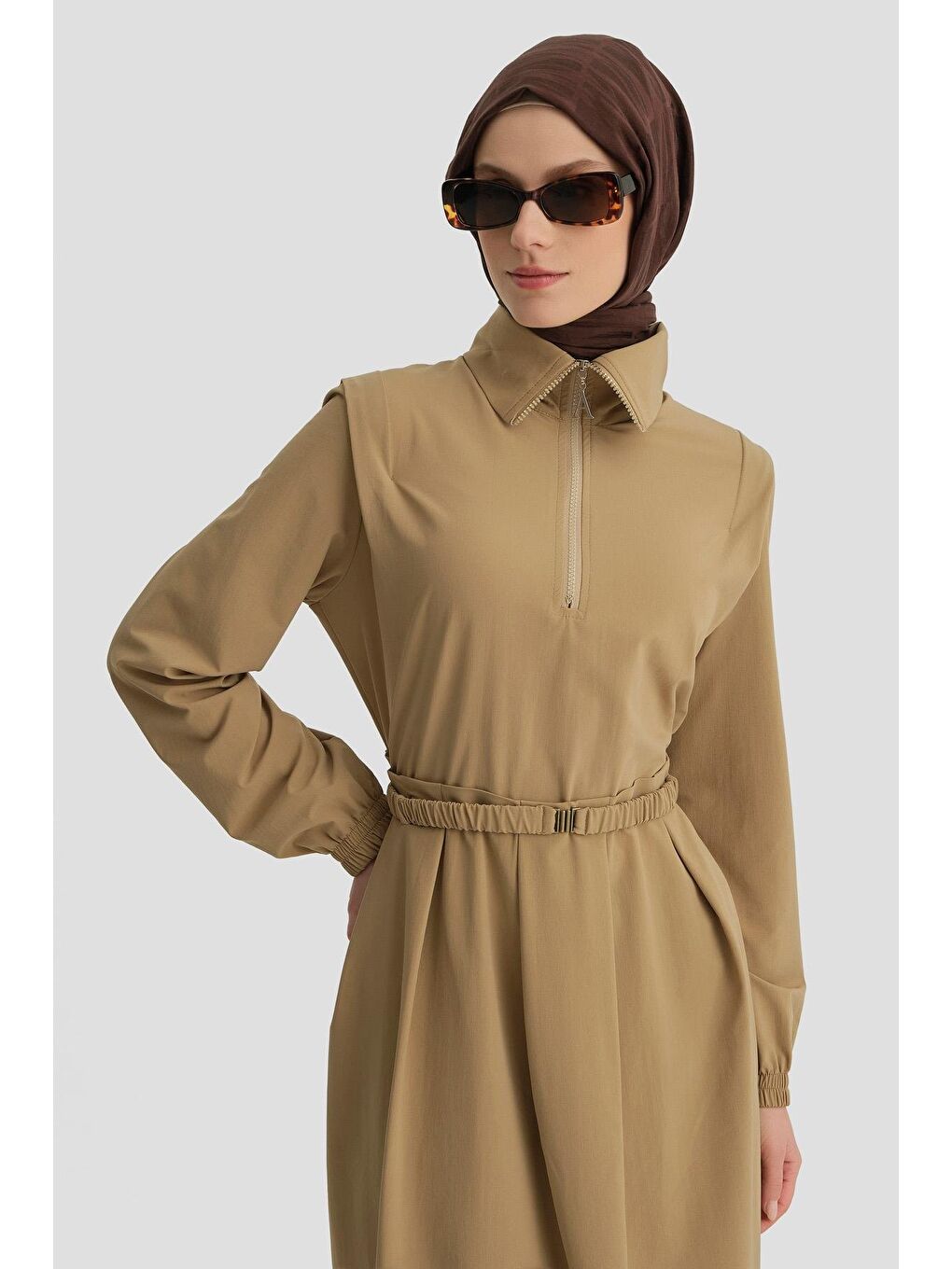Tokalı Ve Fermuarlı Spor Elbise 24K9910 Bej-2
