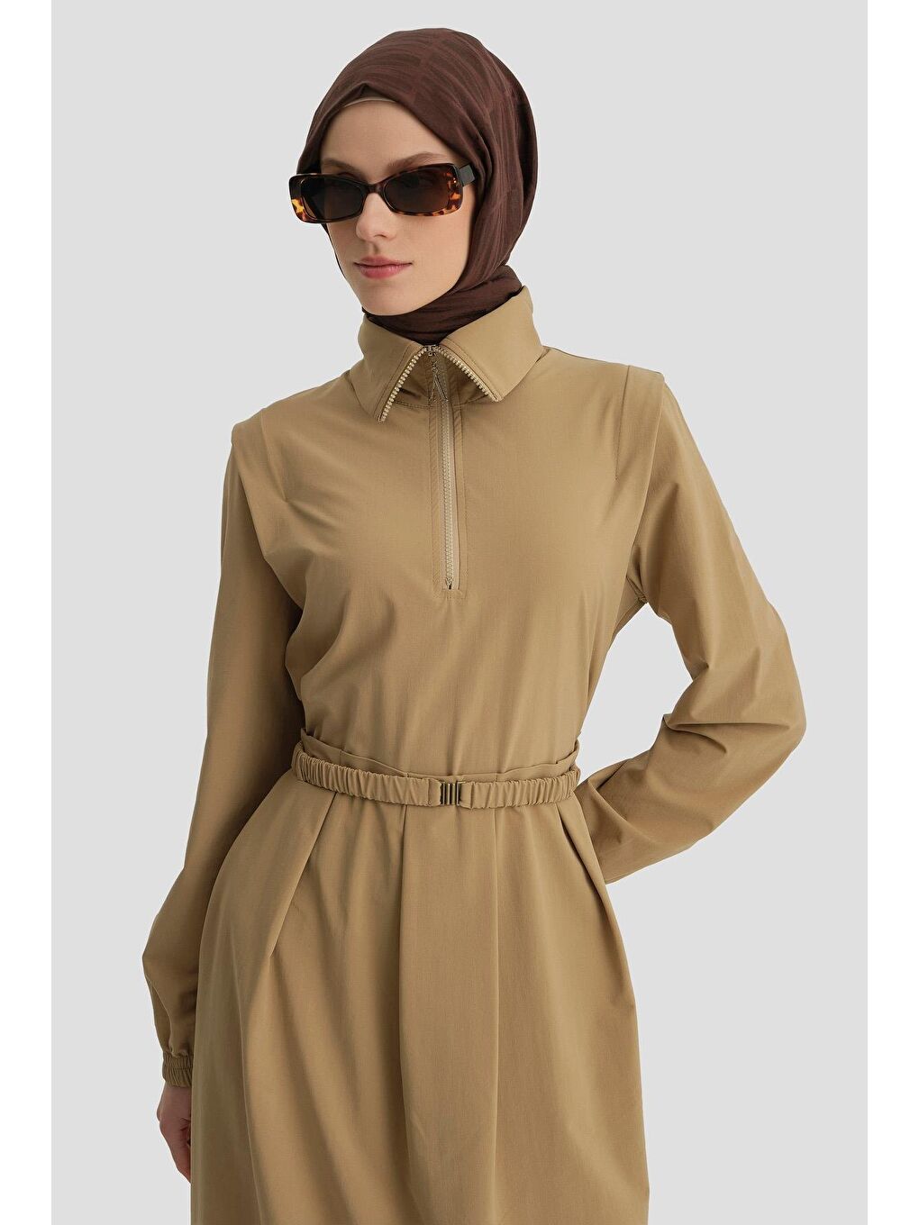 Tokalı Ve Fermuarlı Spor Elbise 24K9910 Bej-3