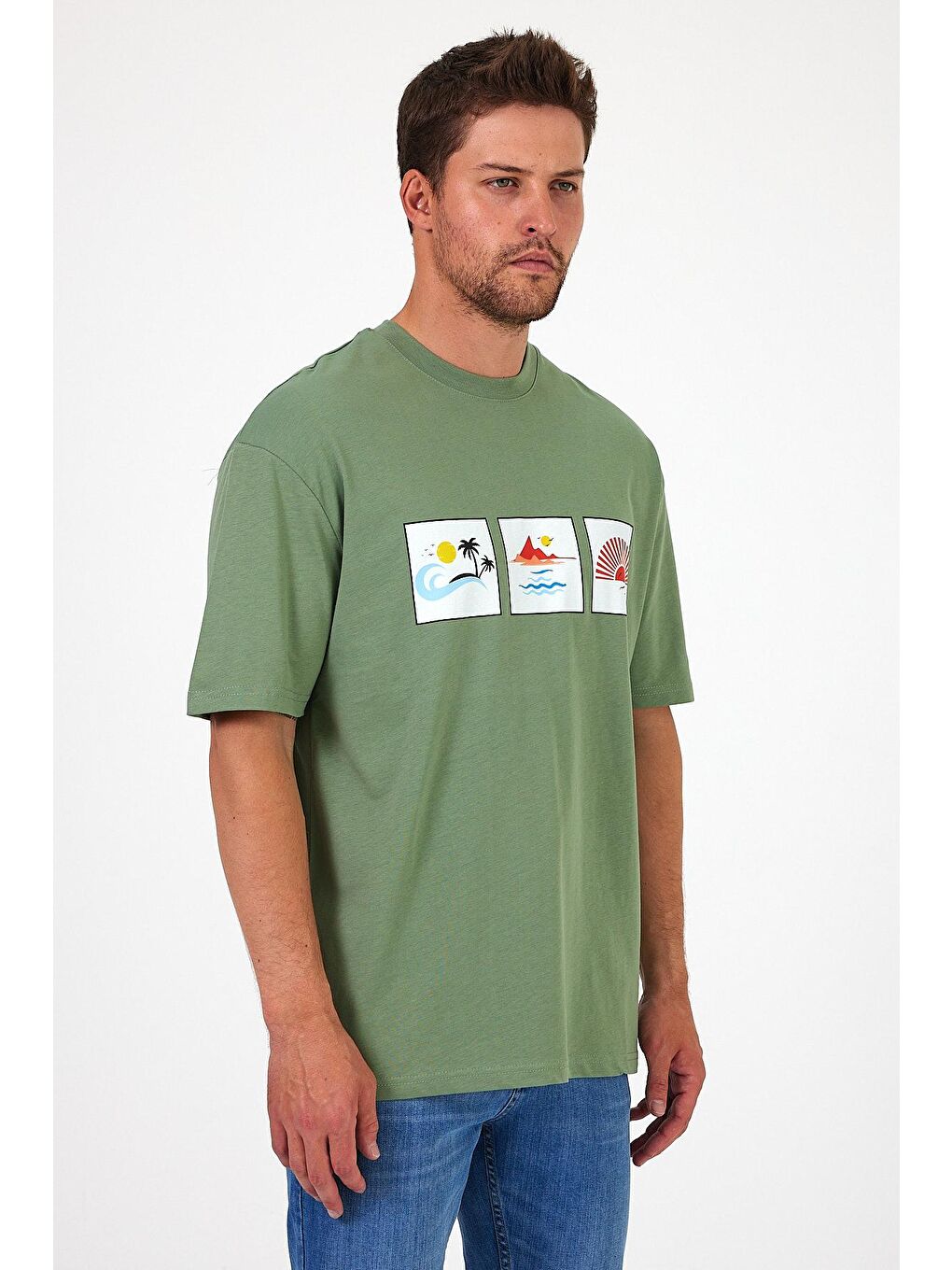 Yeşil Bisiklet Yaka  Baskılı Erkek Tişört 0210-1