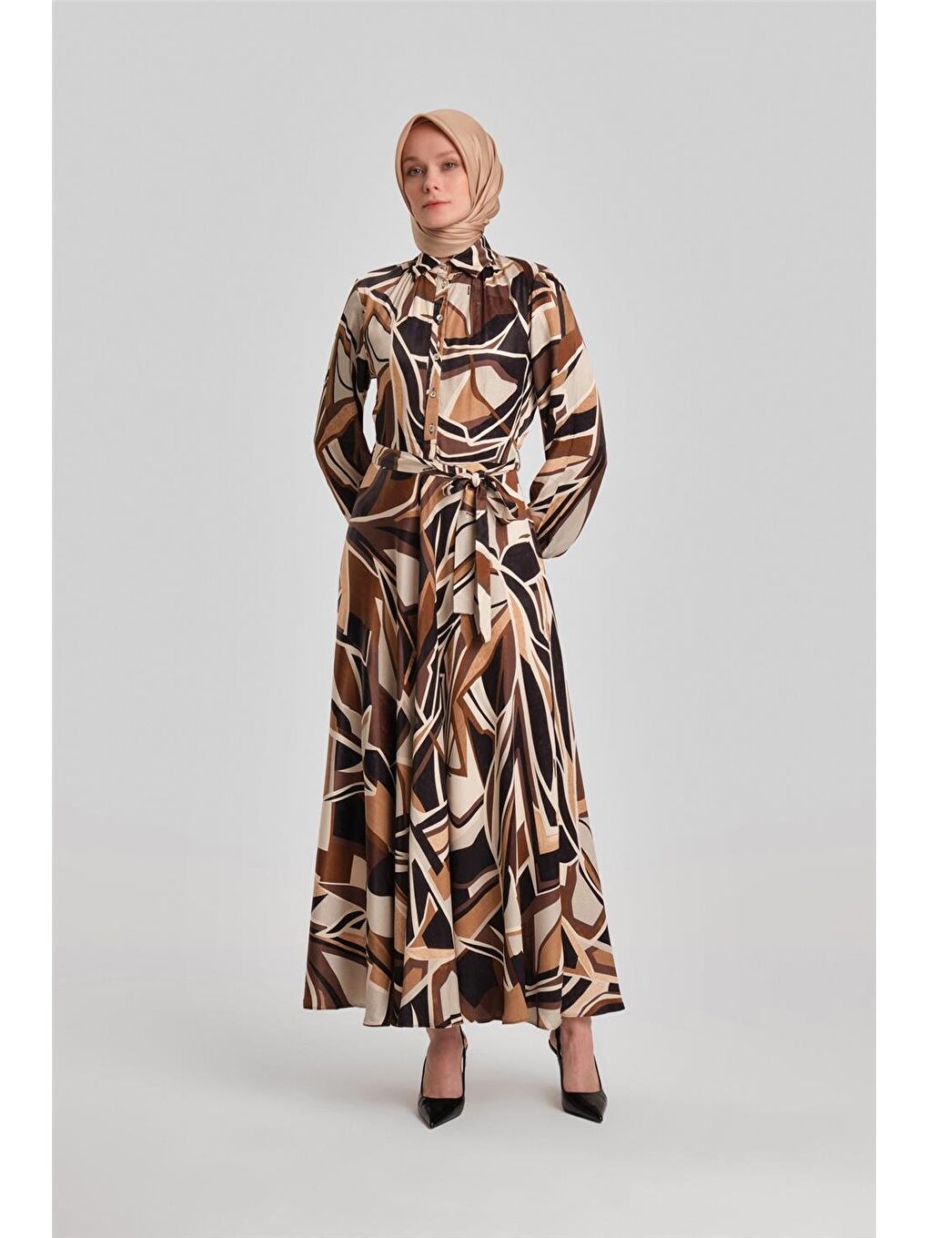 Biye Detaylı Desenli Elbise 24Y9853 Kahverengi-2