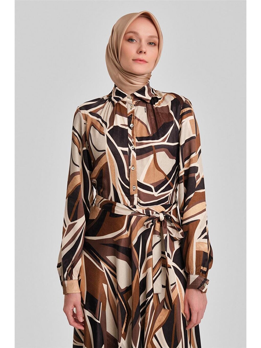 Biye Detaylı Desenli Elbise 24Y9853 Kahverengi-3