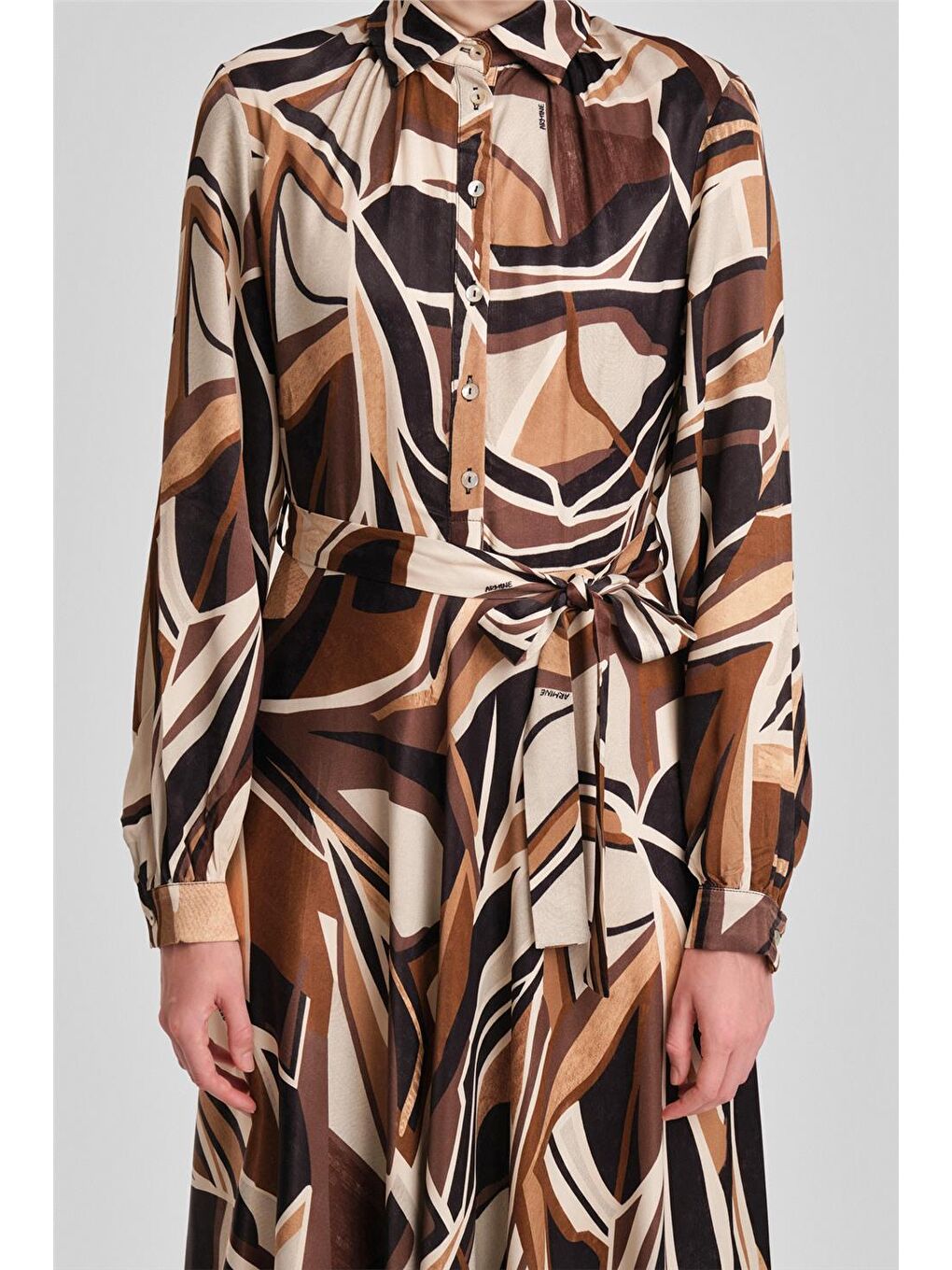 Biye Detaylı Desenli Elbise 24Y9853 Kahverengi-4