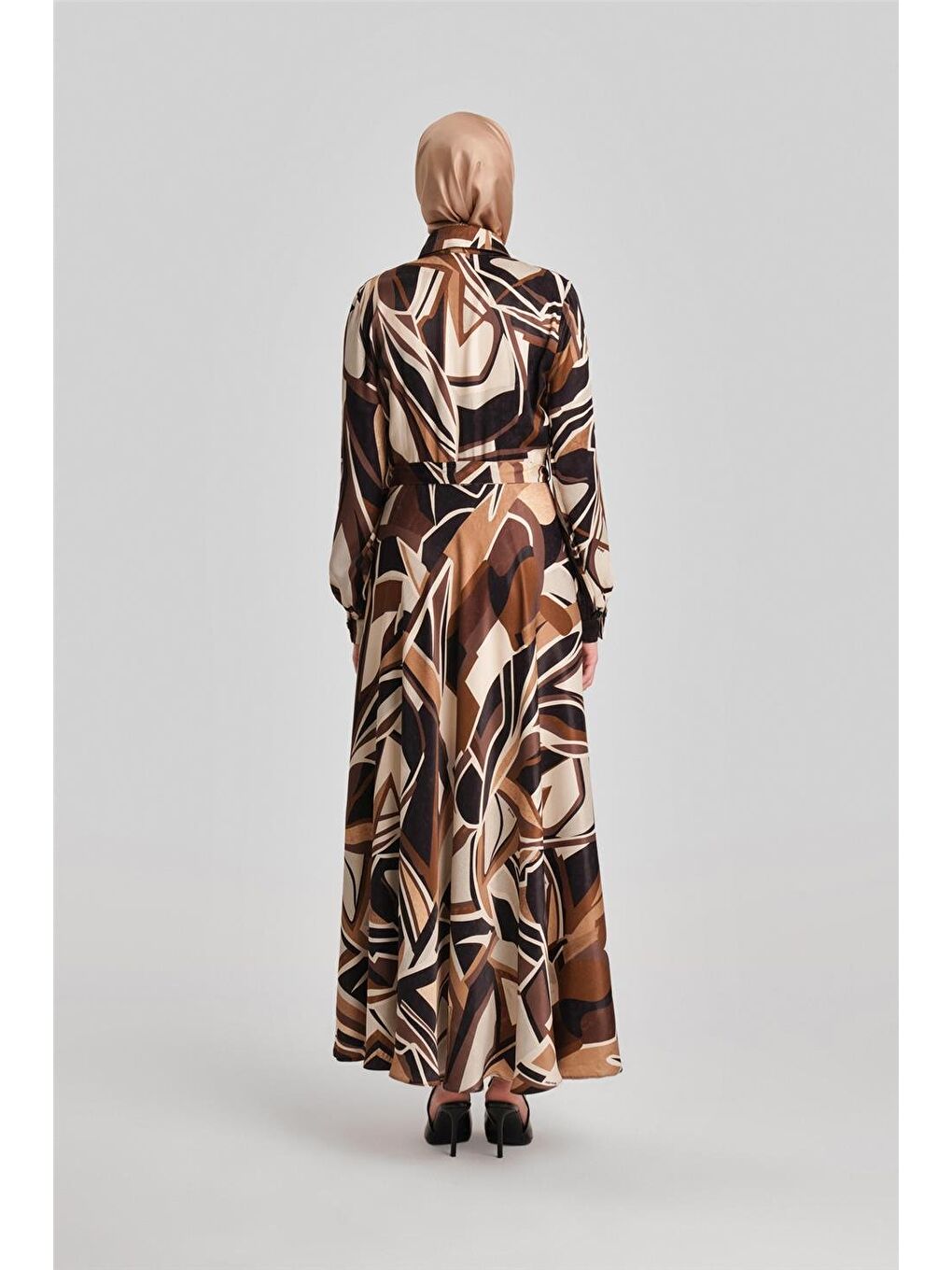 Biye Detaylı Desenli Elbise 24Y9853 Kahverengi-5