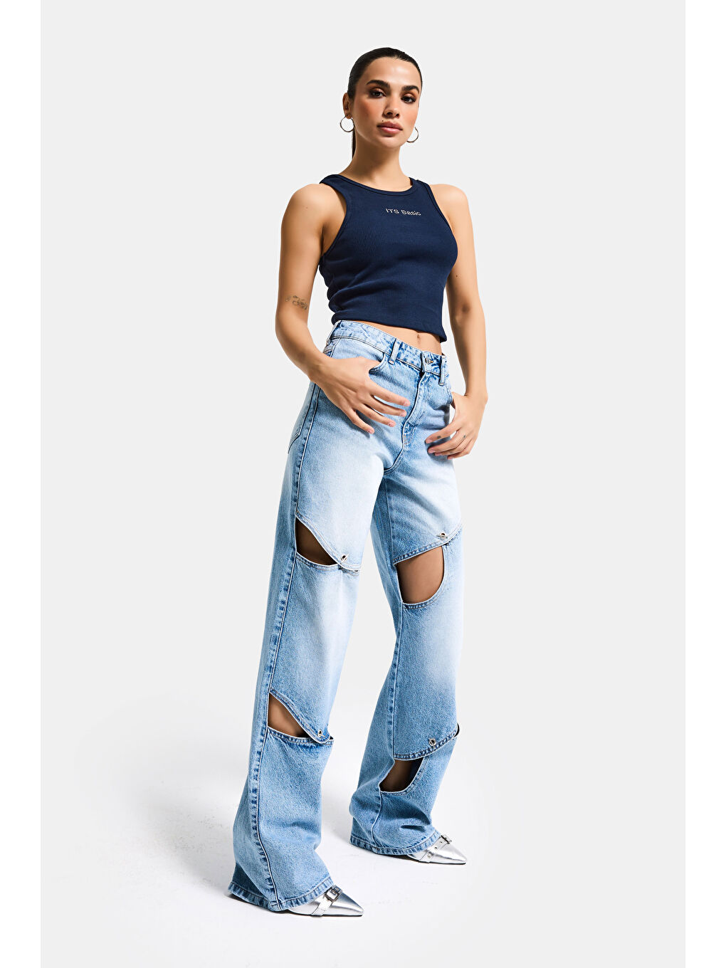 Kadın Mavi 4s6-27 Loose Fit %100 Pamuk Özel Tasarım Denim Jean-1