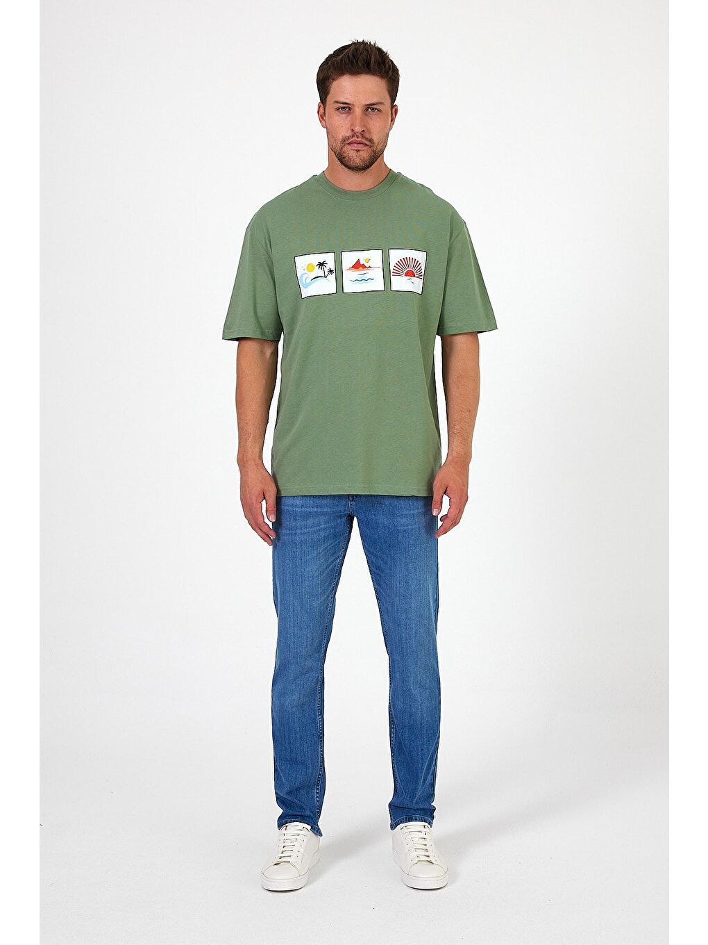 Yeşil Bisiklet Yaka  Baskılı Erkek Tişört 0210-4