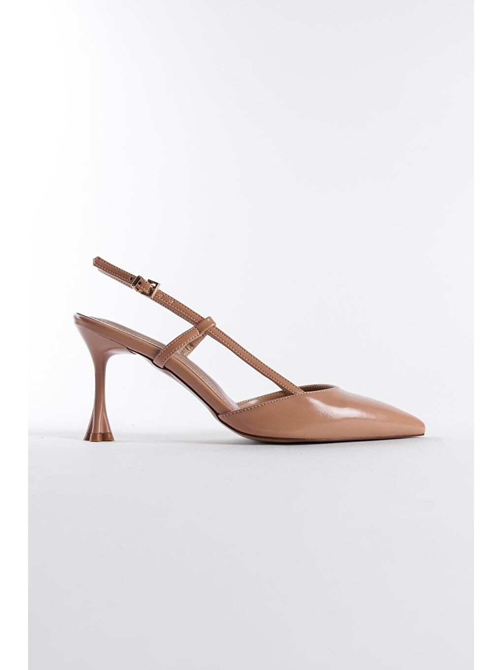 Bej Arkası Açık Sivri Burunlu Orta Topuklu Kadın Ayakkabı-2