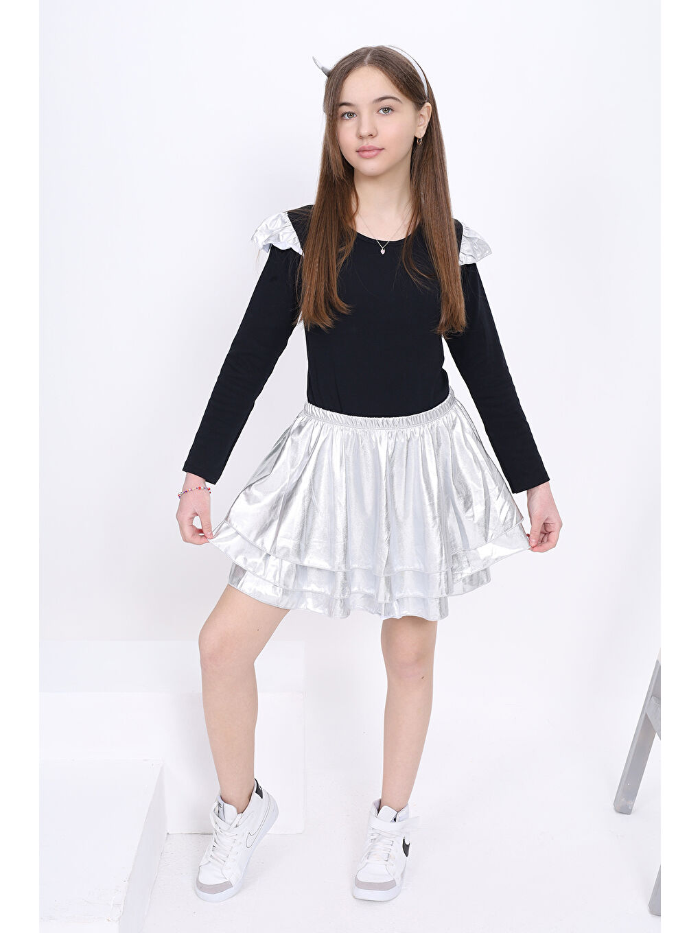 Gri Kız Çocuk Kol Detaylı Balerin Takımı