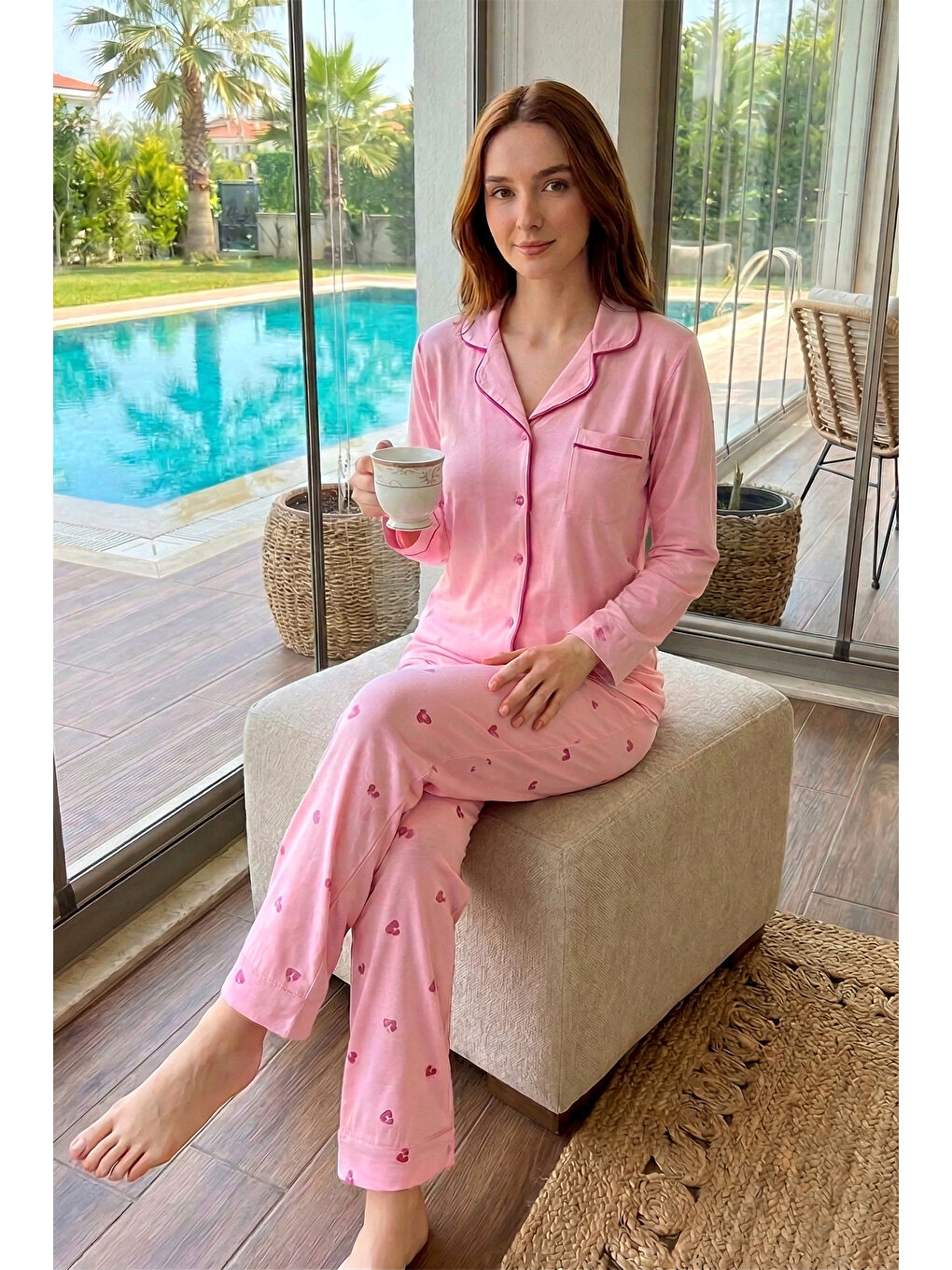 Kadın Önü Düğmeli Yumuşak Milan Kumaş Pijama Takımı 250347-8 Pembe05-2