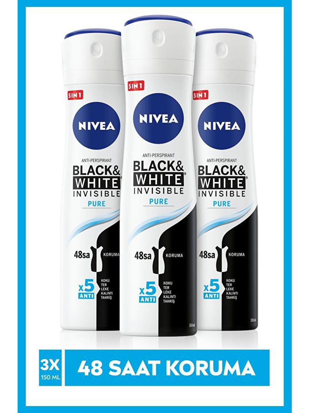 NIVEA Şeffaf Invisible Black&White Pure Kadın Sprey Deodorant 150 ml X3 Adet, 48 Saat Anti-Perspirant Koruma