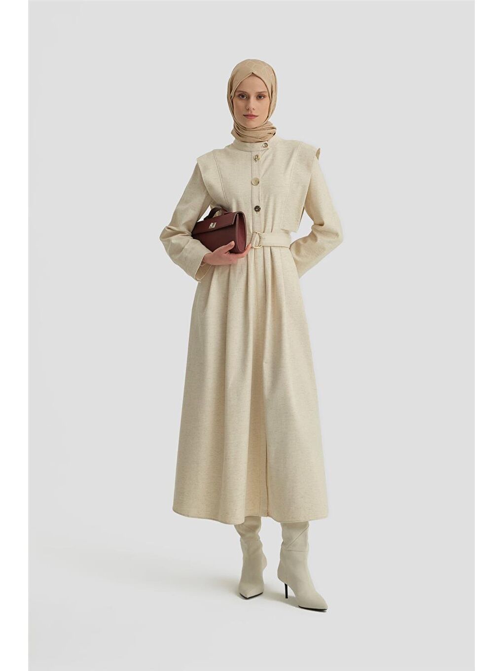 Bej Omuz Detaylı Düğmeli Elbise 24K9908 Aytaşı