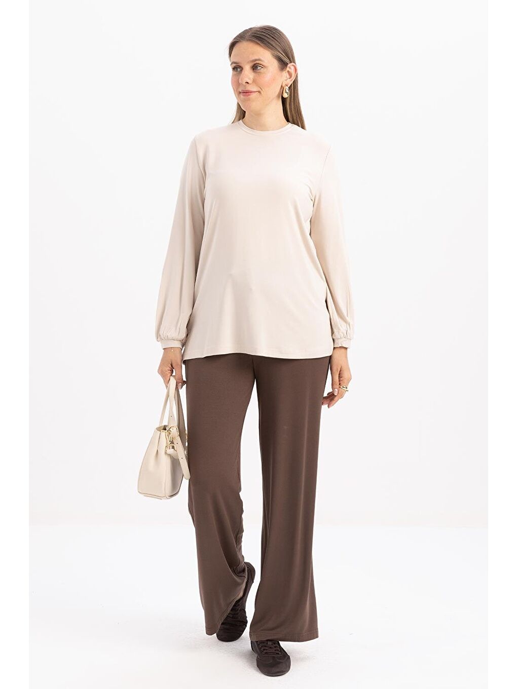 Bej Taş-Bisiklet Yaka Kol Ucu Büzgülü Elastanlı Pamuklu Bluz