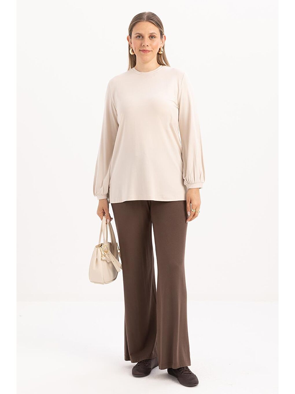 Bej Taş-Bisiklet Yaka Kol Ucu Büzgülü Elastanlı Pamuklu Bluz-1