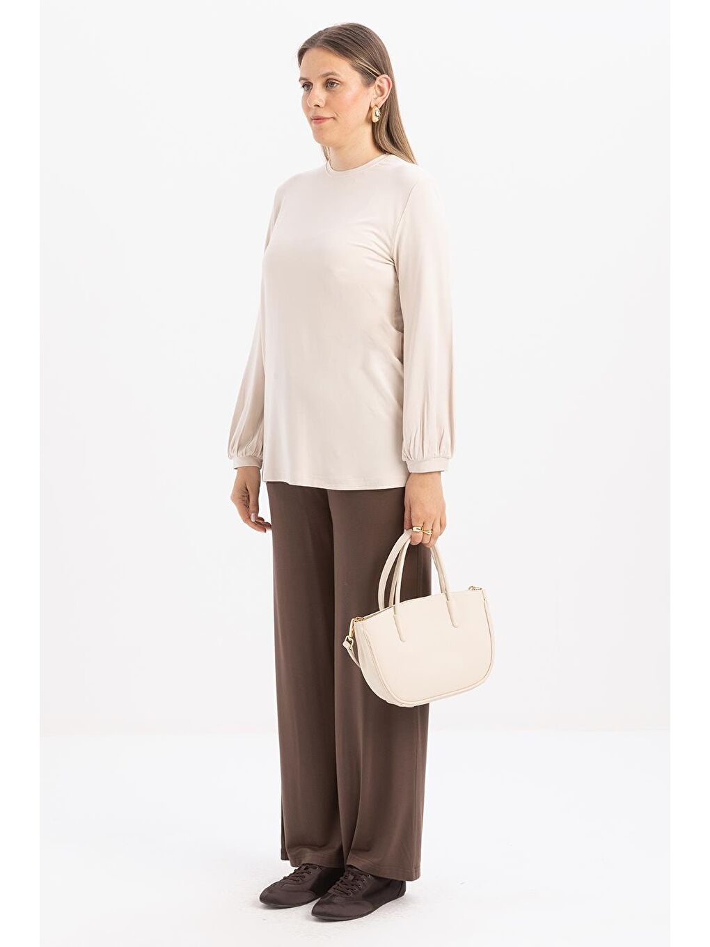 Bej Taş-Bisiklet Yaka Kol Ucu Büzgülü Elastanlı Pamuklu Bluz-2