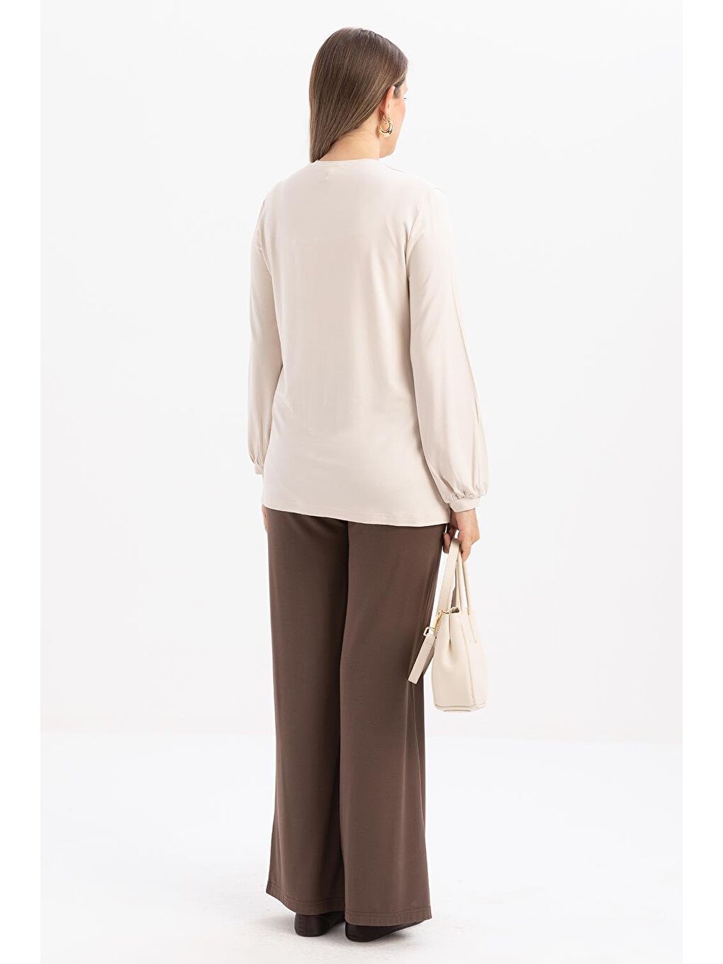 Bej Taş-Bisiklet Yaka Kol Ucu Büzgülü Elastanlı Pamuklu Bluz-3