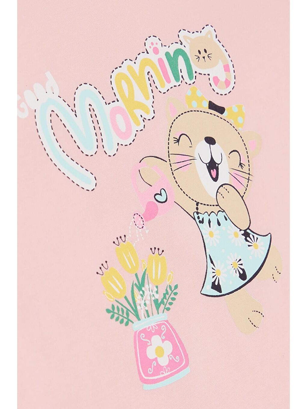 Kız Bebek Uzun Kollu Tişört Neşeli Kedicik Baskılı Nakış Güpürlü Pembe (9 Ay-3 Yaş)-3