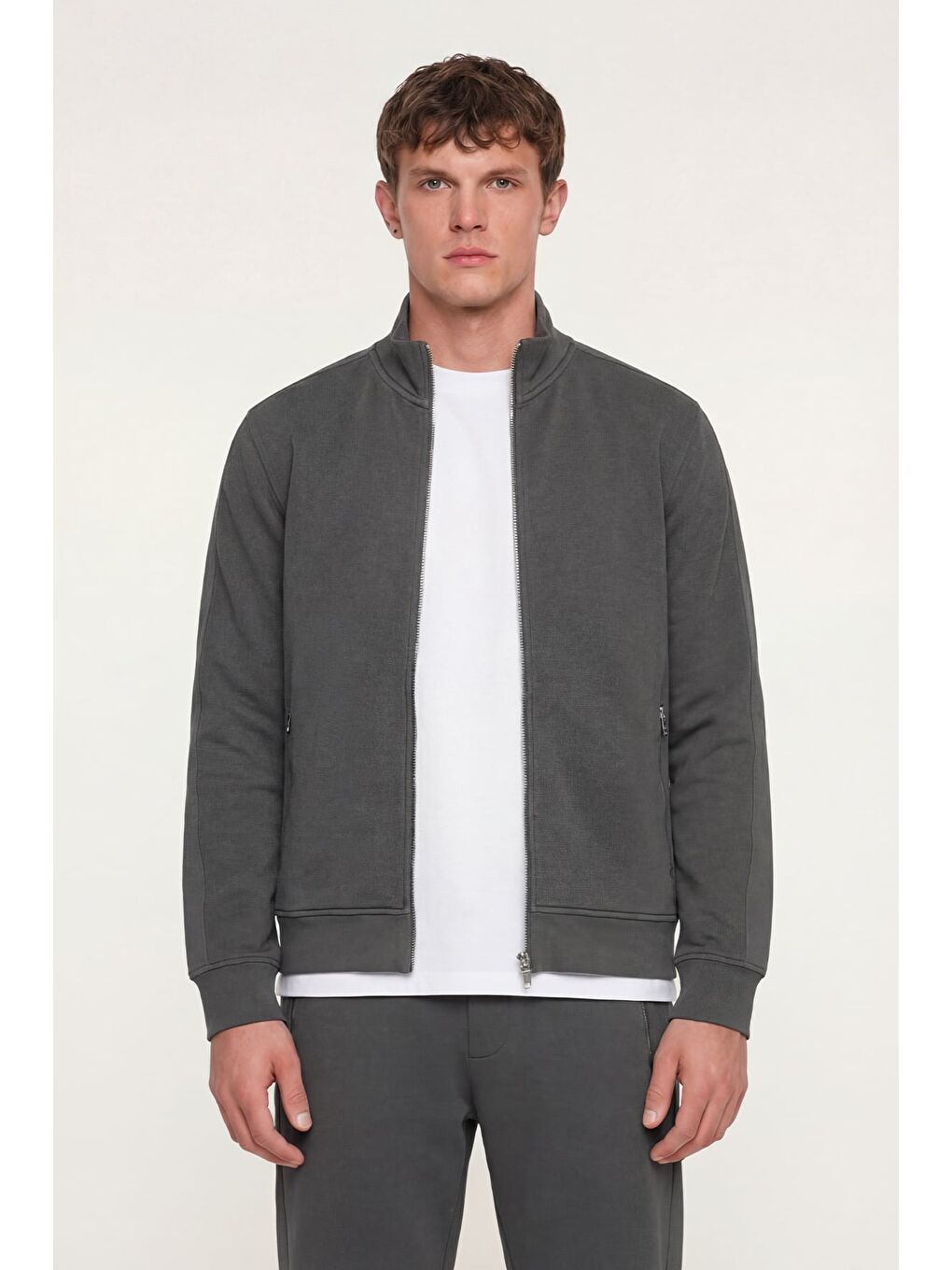 Gri Giotelli Füme Regular Fit Yarım Balıkçı Yaka Fermuarlı Tracksuit