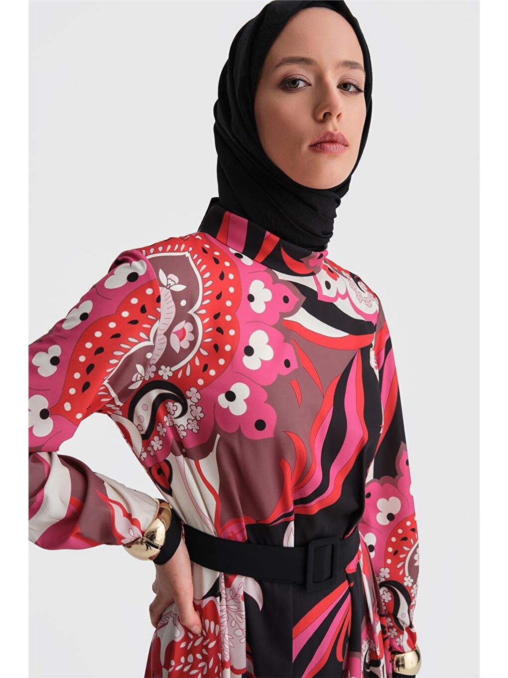 Karışık Piliseli Ve Desenli Elbise 24K9907 Kırmızı-3