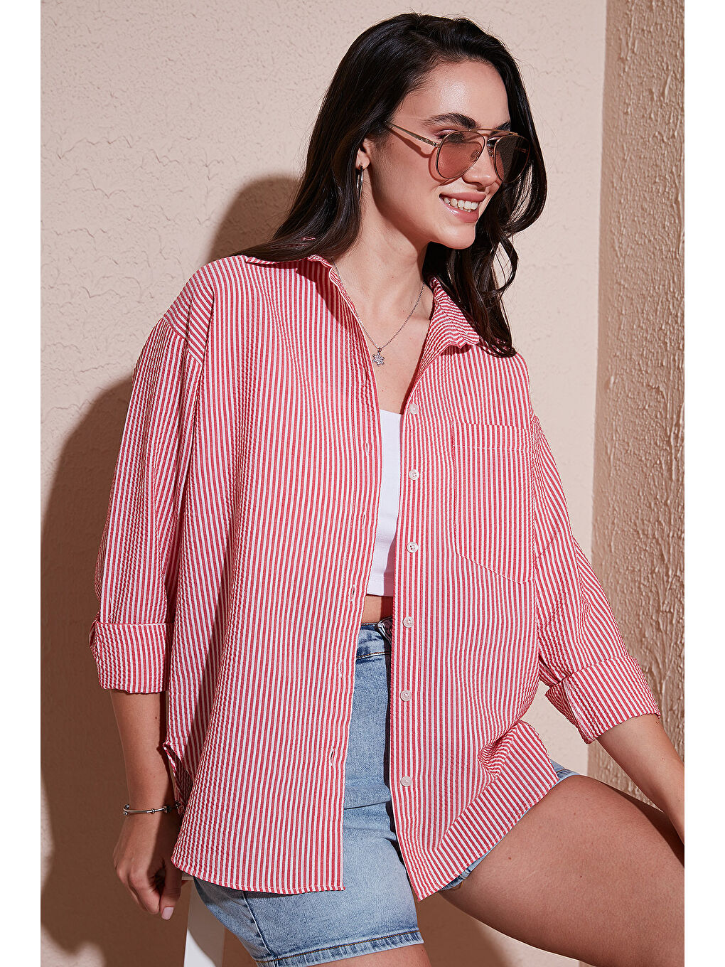 Kırmızı Regular Fit Uzun Kollu Cepli Çizgili Kadın Gömlek 6772895