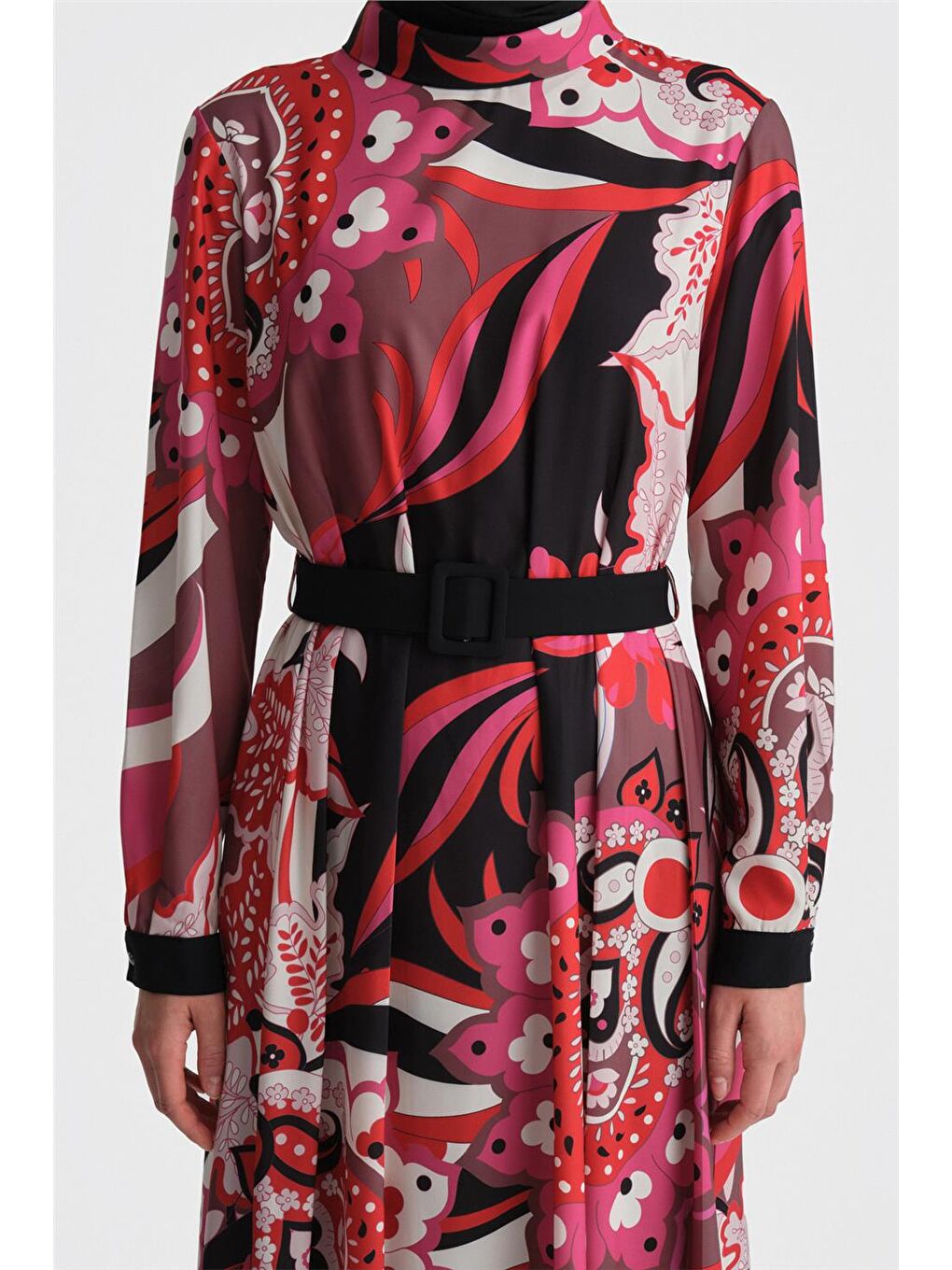 Karışık Piliseli Ve Desenli Elbise 24K9907 Kırmızı-4